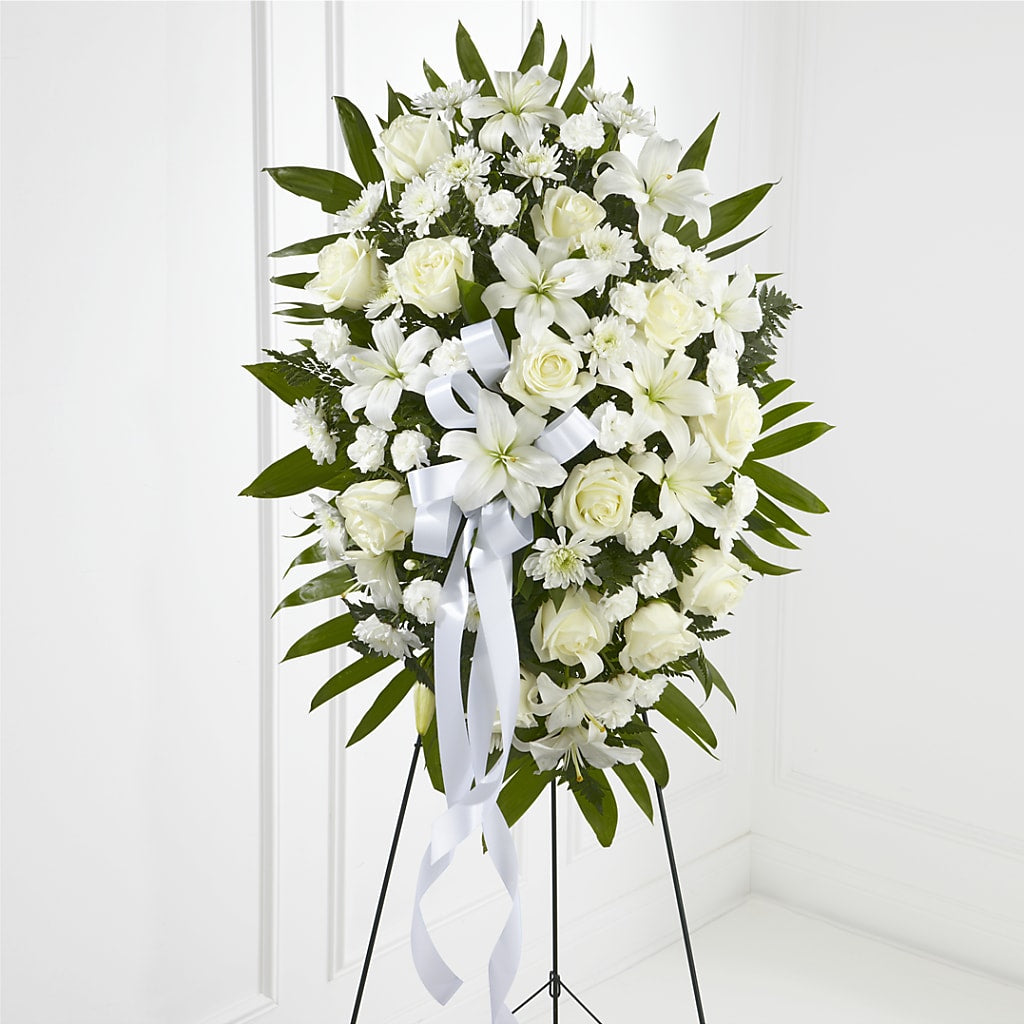 Exquisite Tribute Standing Spray-White Ribbon – Floreria Reno, Reno NV
